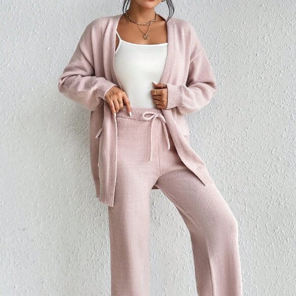 Pink Casual Womens Drop Shoulder Cardigan & Tie Front Knit Pants - Picture 6 of 6